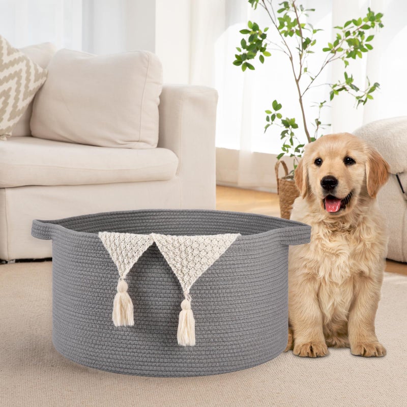 OIAHOMY 90L Blanket Basket for Living Room, Large Basket 23" x 23" x 13" with Handle, Laundry Hamper for Blankets, Pillows, Toy Storage for Kids, Dogs - Light Grey - Image 5