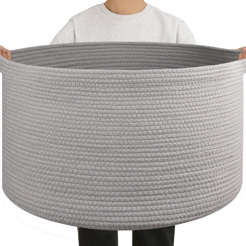 OIAHOMY 90L Blanket Basket for Living Room, Large Basket 23" x 23" x 13" with Handle, Laundry Hamper for Blankets, Pillows, Toy Storage for Kids, Dogs - Light Grey - Image 1