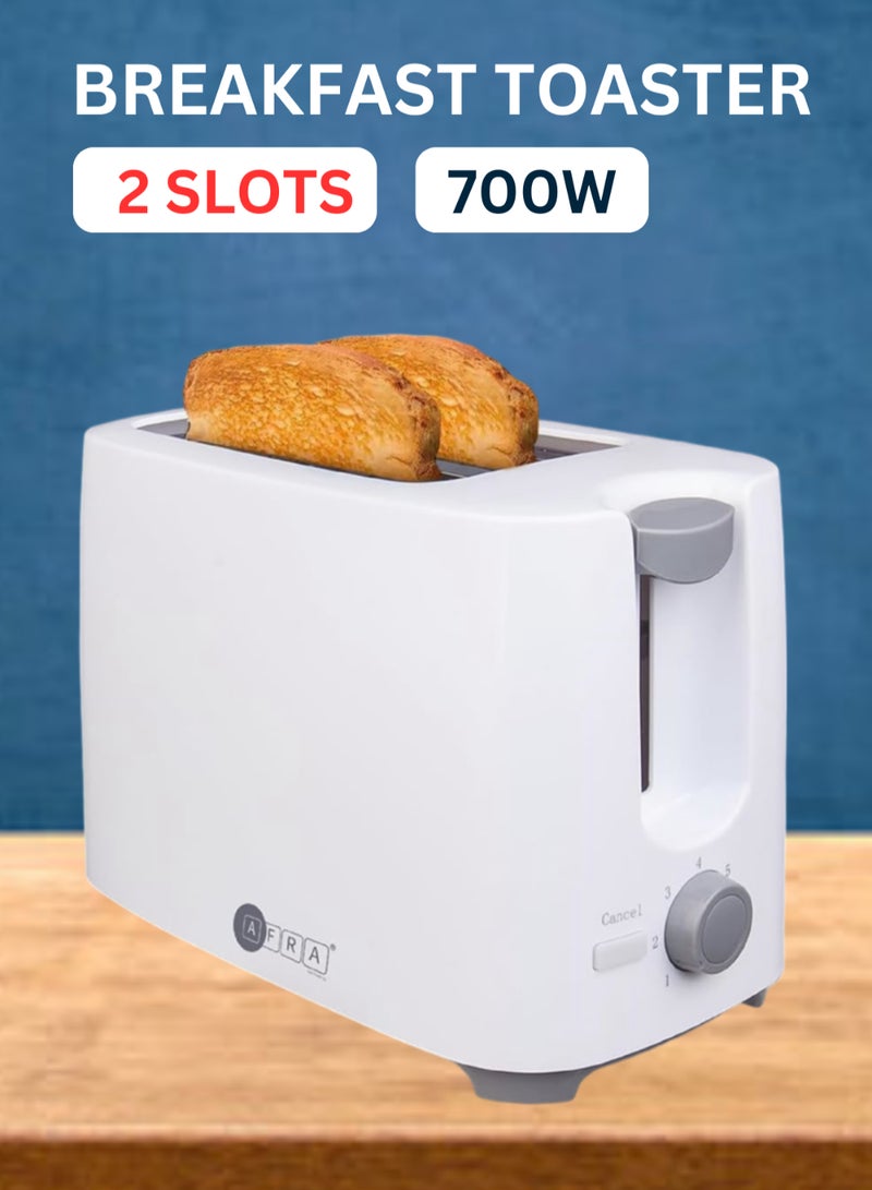 AFRA Electric Breakfast Toaster | 700W | 2 Slots | Removable Crumb Tray | White Finish | Durable Plastic Body | G-Mark, ESMA, RoHS, CB Certified | 2-Year Warranty 2 Slices 700 W AF-100240TOWH White - Image 1
