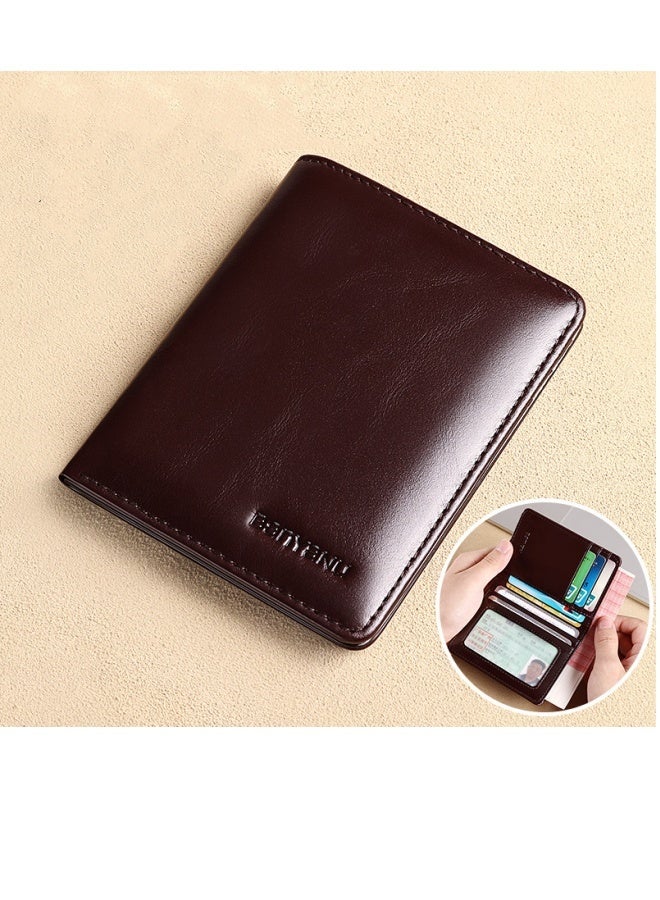 بانيانو محفظة رجالية من الجلد الطبيعي عمودية رفيعة للغاية من جلد البقر من الطبقة الأولى بتصميم بسيط وقصير باللون البني (طبقة أولى من الشمع الزيتي من جلد البقر) - Image 1