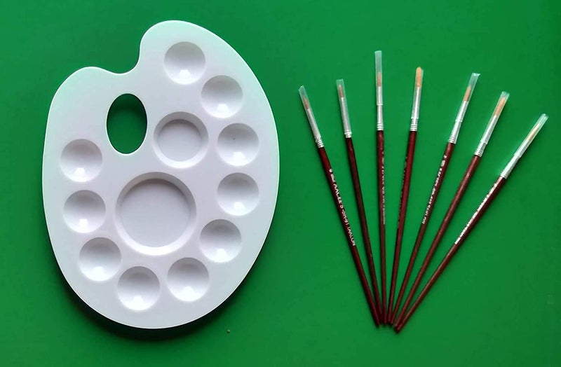 FIRST CLICK" Art 12 Wells 301 Kidney Shaped Plastic Palette + Set of Rounded Brushes + Flat Painting Brushes - Image 2