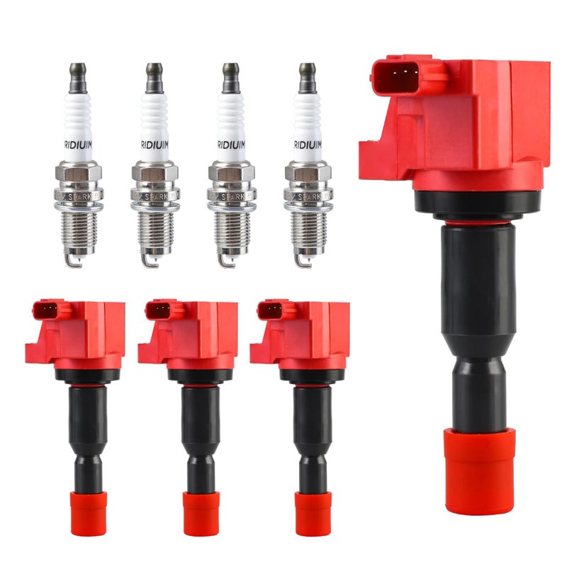 Pindex 4 Pack UF581 Ignition Coils and Iridium Spark Plugs Coil Pack Kits Compatible with 2007 2008 Honda Fit 15L L4 30520PWC501 UF581 5C1635 E1081 521872 IC661 30520PWC003 2007 2008