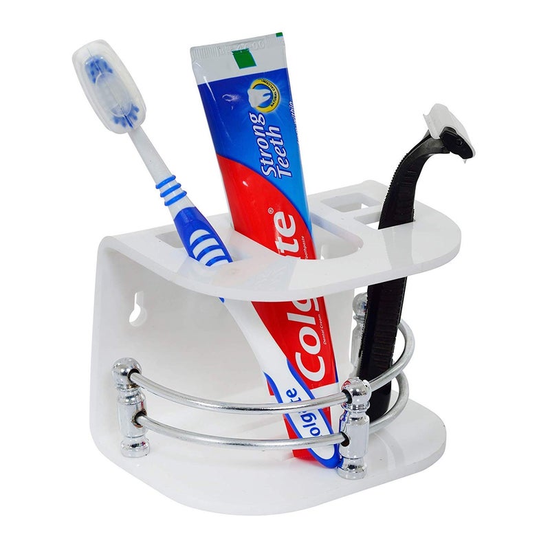 McMus Wall Mounted self Adhesive Acrylic Tooth Brush, Toothpaste Holder Stand, Toothbrush Tumbler, Toothpaste for Bathroom Stand Organizer Rack for Bathroom (White) - Image 1