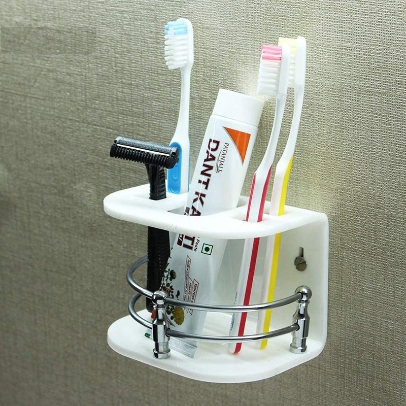 McMus Wall Mounted self Adhesive Acrylic Tooth Brush, Toothpaste Holder Stand, Toothbrush Tumbler, Toothpaste for Bathroom Stand Organizer Rack for Bathroom (White) - Image 2