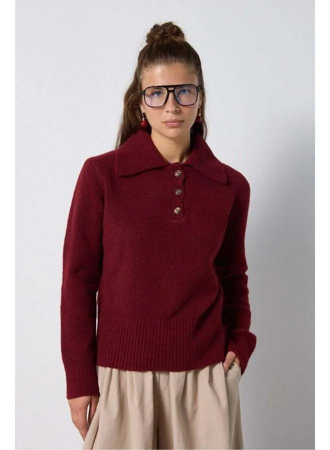 mina aise Women's Burgundy Plaid Polo Collar Knit Sweater 7019.
