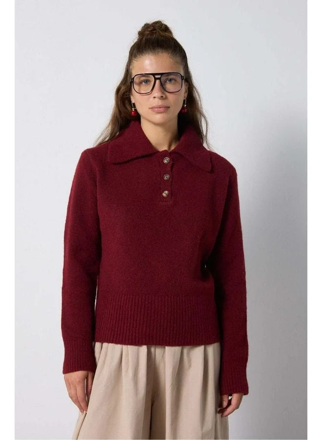 mina aise Women's Burgundy Plaid Polo Collar Knit Sweater 7019.