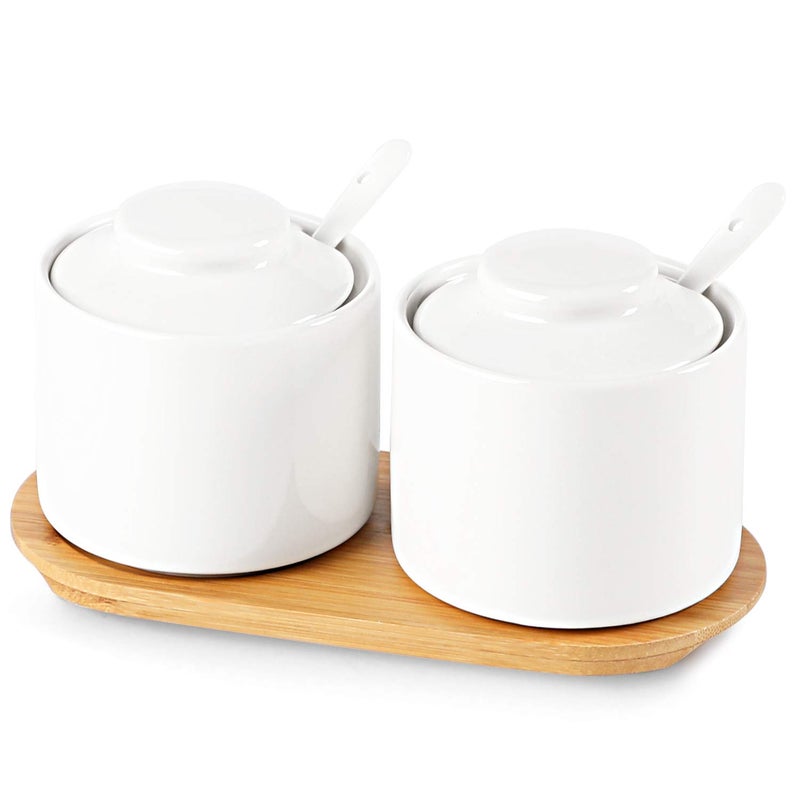 ONTUBE Ceramic Sugar Bowl with Lid and Spoon Set of 2Porcelain Seasoning Box Salt Bowl with Tray8oz White