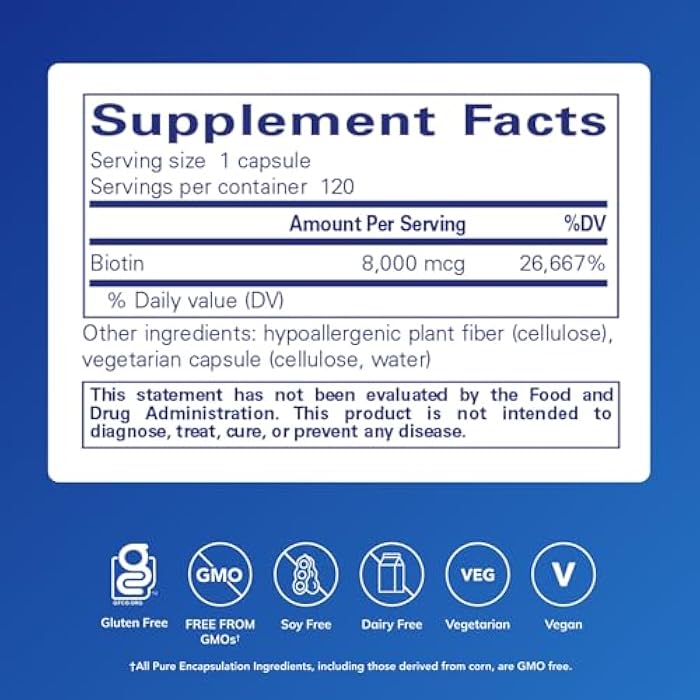 Pure Encapsulations Biotin 8 mg - B Vitamin Supplement to Aid Stress Relief, Hair, Skin & Nail Strengthening, Metabolism, Carbohydrate Support & Nervous System* - with Premium Biotin - 120 Capsules - Image 2