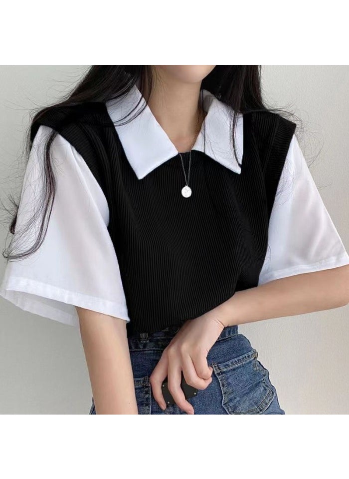 Generic - 2024 Summer Pololapel Two-Piece Illusion Preppy Style Color Blocking Short Sleeves T-Shirt Womens Loose Fit Casual Versatile To Blue - Image 1