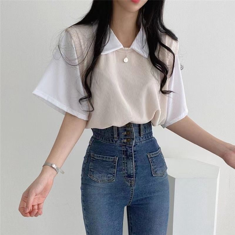2024 Summer Polo Lapel Fake Two-Piece College Style Contrast Color Short-Sleeved T-Shirt Womens Loose Casual All-Match Top Ins Blue - Image 5