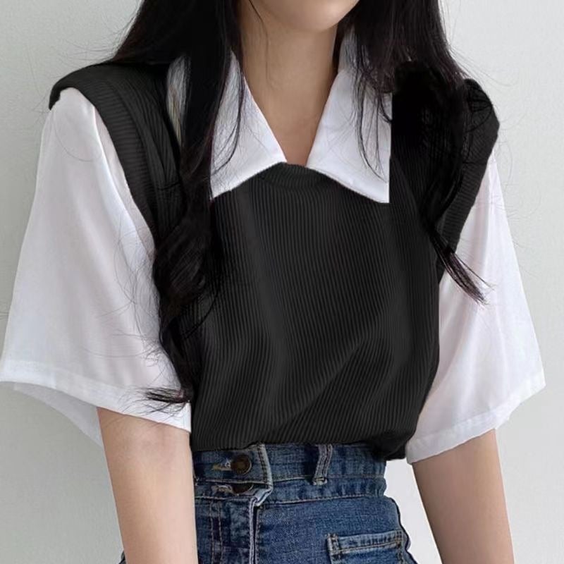 2024 Summer Polo Lapel Fake Two-Piece College Style Contrast Color Short-Sleeved T-Shirt Womens Loose Casual All-Match Top Ins Blue - Image 4
