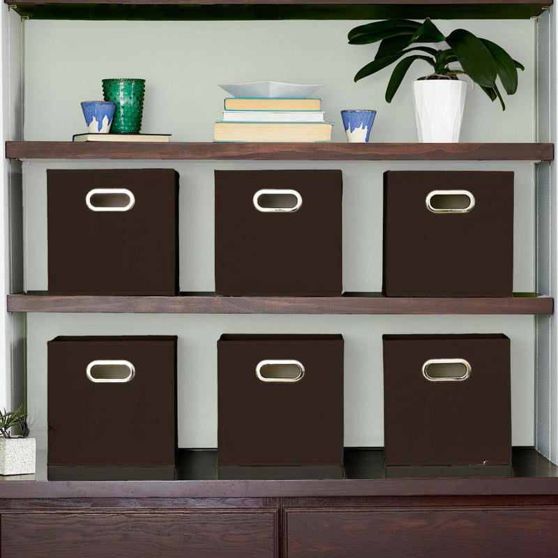 Household Essentials Foldable Fabric Storage Cubes 6-Pack â€“ 11x11x11 Stackable Non-Woven Bins with Chipboard Sides & Grommet Handles â€“ Closet, Shelf, Nursery, or Office Organizer â€“ Chocolate Brown - Image 3