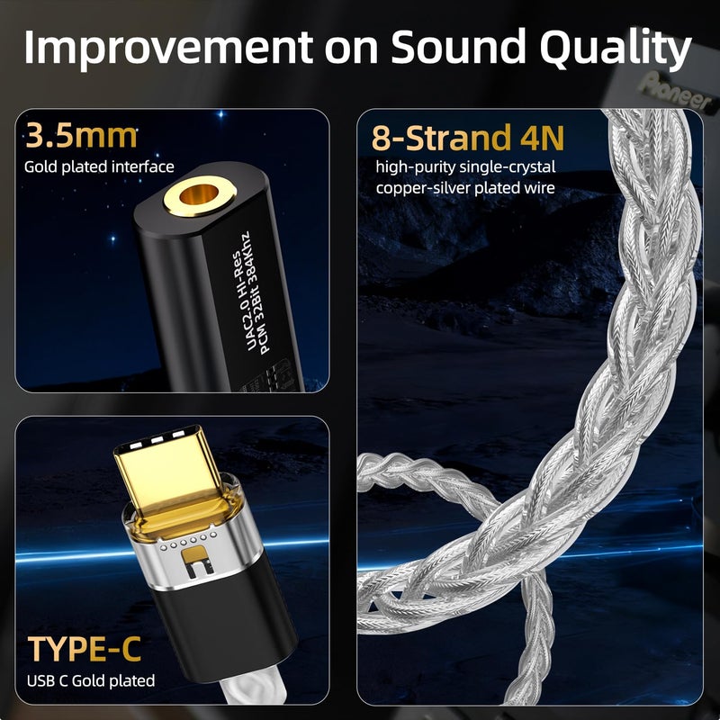 BZINK محول سماعات USB C إلى 3.5 مم DAC مع شريحة مزدوجة CX31993 و MAX97220، مضخم فك تشفير محمول Hi-Res 32bit/384KHz مع كابل OCC مطلي بالفضة لجهاز iPhone و Android و Mac وسماعات IEMs - Image 5