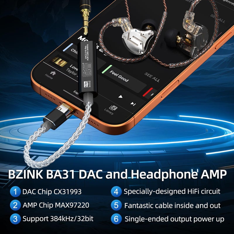 BZINK محول سماعات USB C إلى 3.5 مم DAC مع شريحة مزدوجة CX31993 و MAX97220، مضخم فك تشفير محمول Hi-Res 32bit/384KHz مع كابل OCC مطلي بالفضة لجهاز iPhone و Android و Mac وسماعات IEMs - Image 3