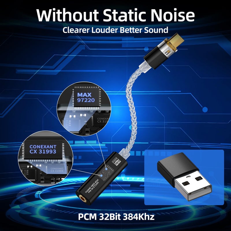 BZINK محول سماعات USB C إلى 3.5 مم DAC مع شريحة مزدوجة CX31993 و MAX97220، مضخم فك تشفير محمول Hi-Res 32bit/384KHz مع كابل OCC مطلي بالفضة لجهاز iPhone و Android و Mac وسماعات IEMs - Image 2