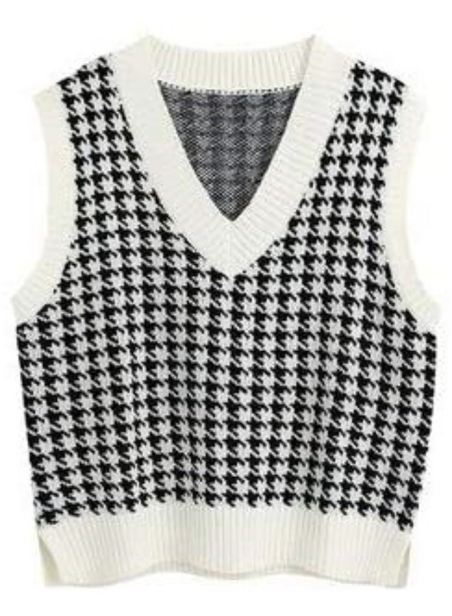 NIBEMINENT Sweater Vest Women Loose V-neck Plaid Retro Knitted Tops Korean Fashion Patchwork Sleeveless Sweaters - Image 1