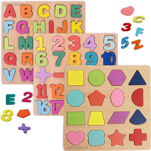 AMENDAS Wooden Learning Educational ABCD Board for Kids, Activity Toys for Toddlers & Preschoolers | ABCD Puzzle Set | Puzzle Toys for 2 Years Old Boys & Girls (Alphabets, Numbers & Shapes) - Image 1