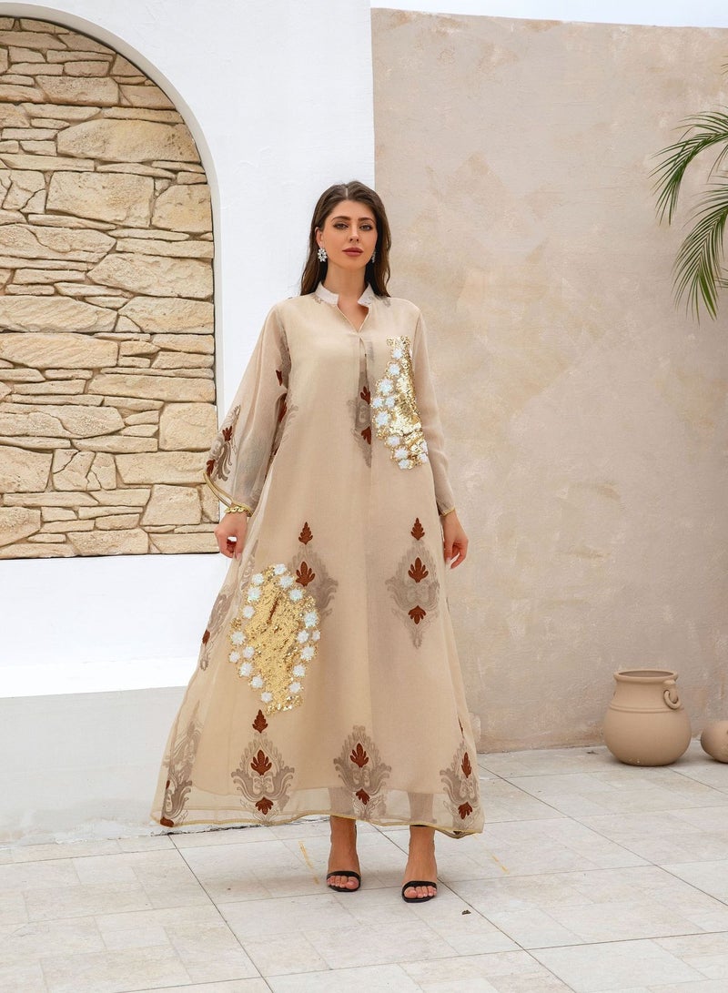 فستان عباءة نسائي أنيق بتطريز لامع بالترتر – قفطان طويل بتصميم عربي فاخر - Image 1