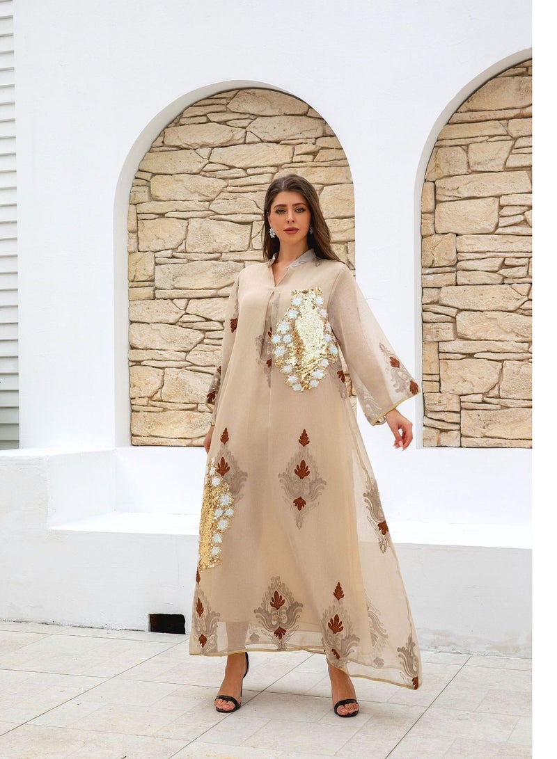 فستان عباءة نسائي أنيق بتطريز لامع بالترتر – قفطان طويل بتصميم عربي فاخر - Image 3