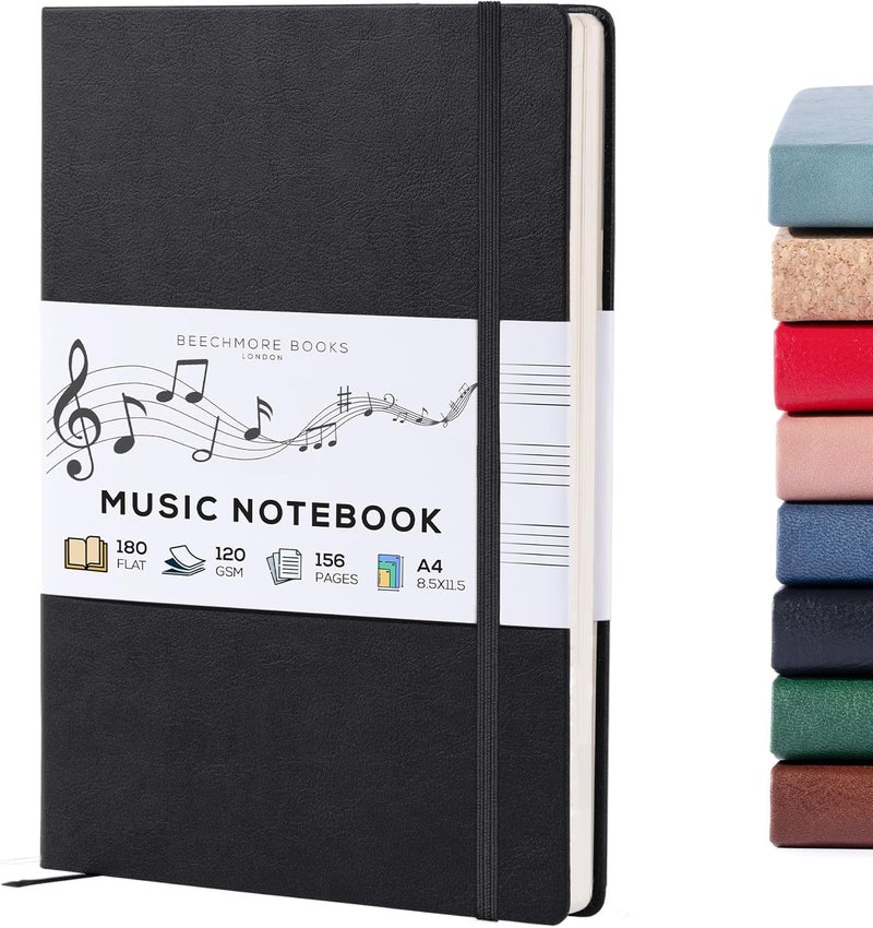 Beechmore Books Blank Sheet Music Notebook – A4 8.5x11.5 for Songwriters, Musicians & Composers, 156 Thick 120gsm Pages, 10-Staff Perforated Sheets, Vegan Leather Hardcover, Elastic Closure, Gift Box - Image 1