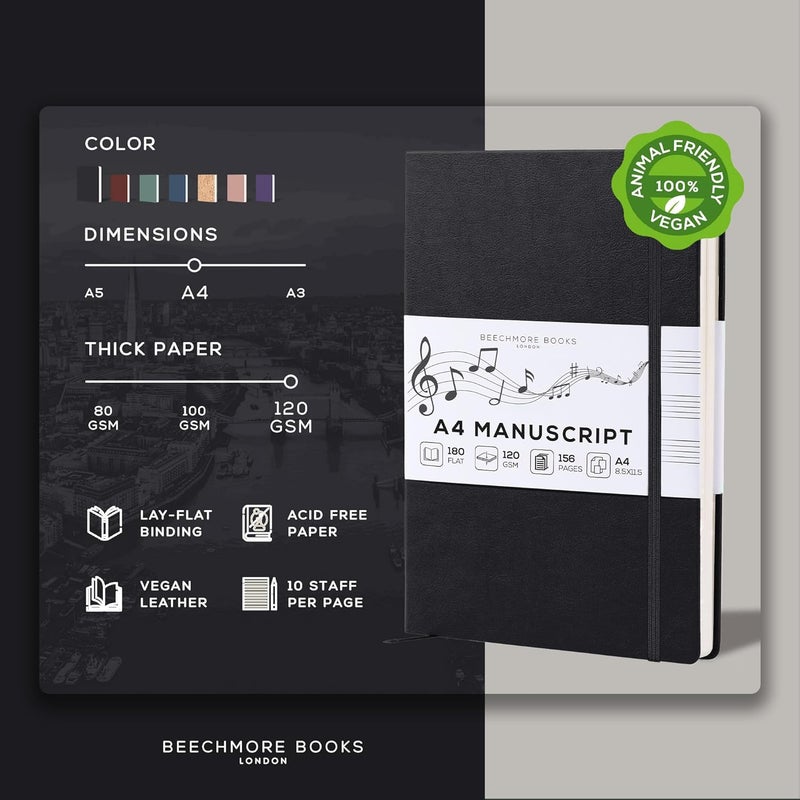 Beechmore Books Blank Sheet Music Notebook – A4 8.5x11.5 for Songwriters, Musicians & Composers, 156 Thick 120gsm Pages, 10-Staff Perforated Sheets, Vegan Leather Hardcover, Elastic Closure, Gift Box - Image 2