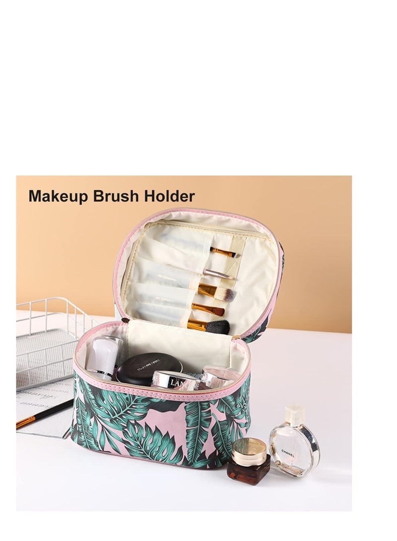 Zikra Makeup Bag Large Makeup Bag for Women Waterproof Organizer Case with Toiletry Bags Green Leaf Print Cosmetic Bags With Makeup Brush Holder Travel Toiletry Storage Bag (Pink) - Image 4
