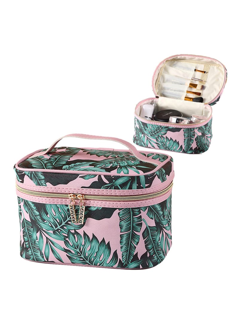Zikra Makeup Bag Large Makeup Bag for Women Waterproof Organizer Case with Toiletry Bags Green Leaf Print Cosmetic Bags With Makeup Brush Holder Travel Toiletry Storage Bag (Pink) - Image 1