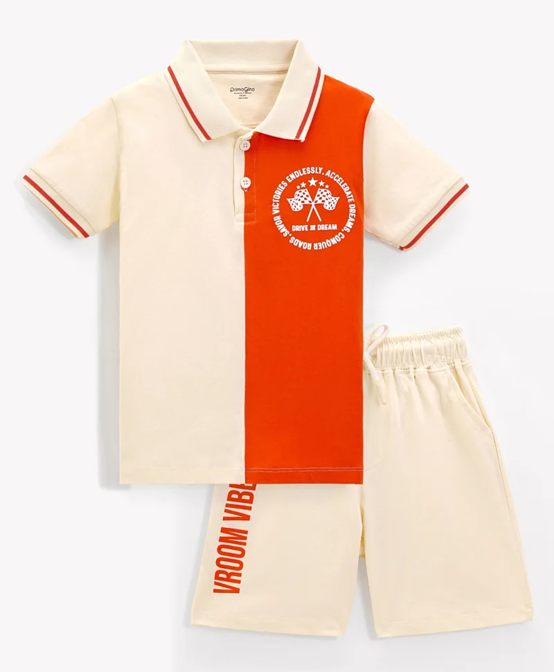 Primo Gino Primo Gino Boys 100% Cotton Color Block Printed Half Sleeves Polo T-Shirt & Cargo Shorts Set- Beige & Red
