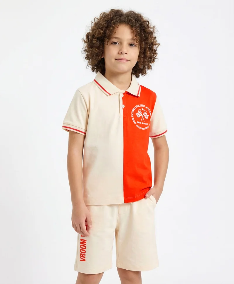 Primo Gino Primo Gino Boys 100% Cotton Color Block Printed Half Sleeves Polo T-Shirt & Cargo Shorts Set- Beige & Red