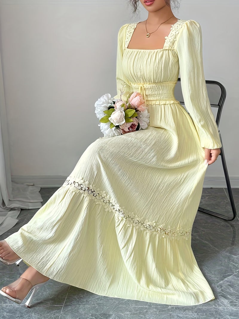 New Spring\u002Fautumn Cream Yellow French Ruffle Square Neckline Elegant Slim-fit Long-sleeved Dress, Women's Autumn - Image 4