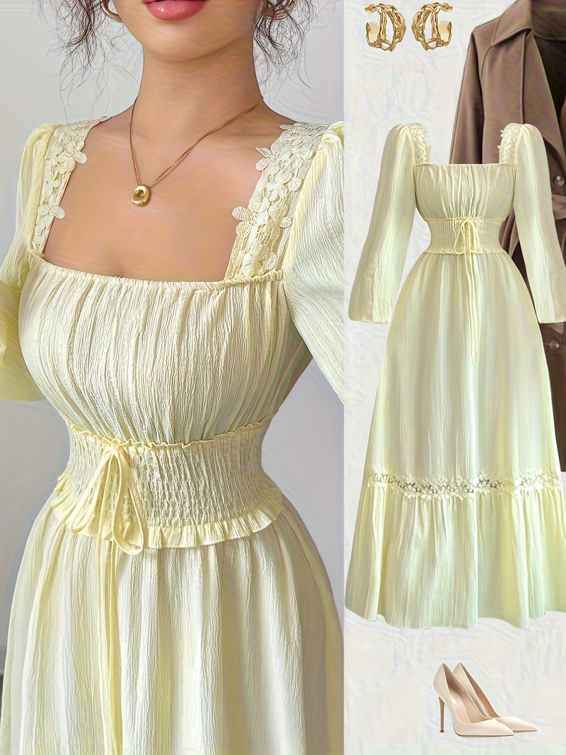 New Spring\u002Fautumn Cream Yellow French Ruffle Square Neckline Elegant Slim-fit Long-sleeved Dress, Women's Autumn - Image 2