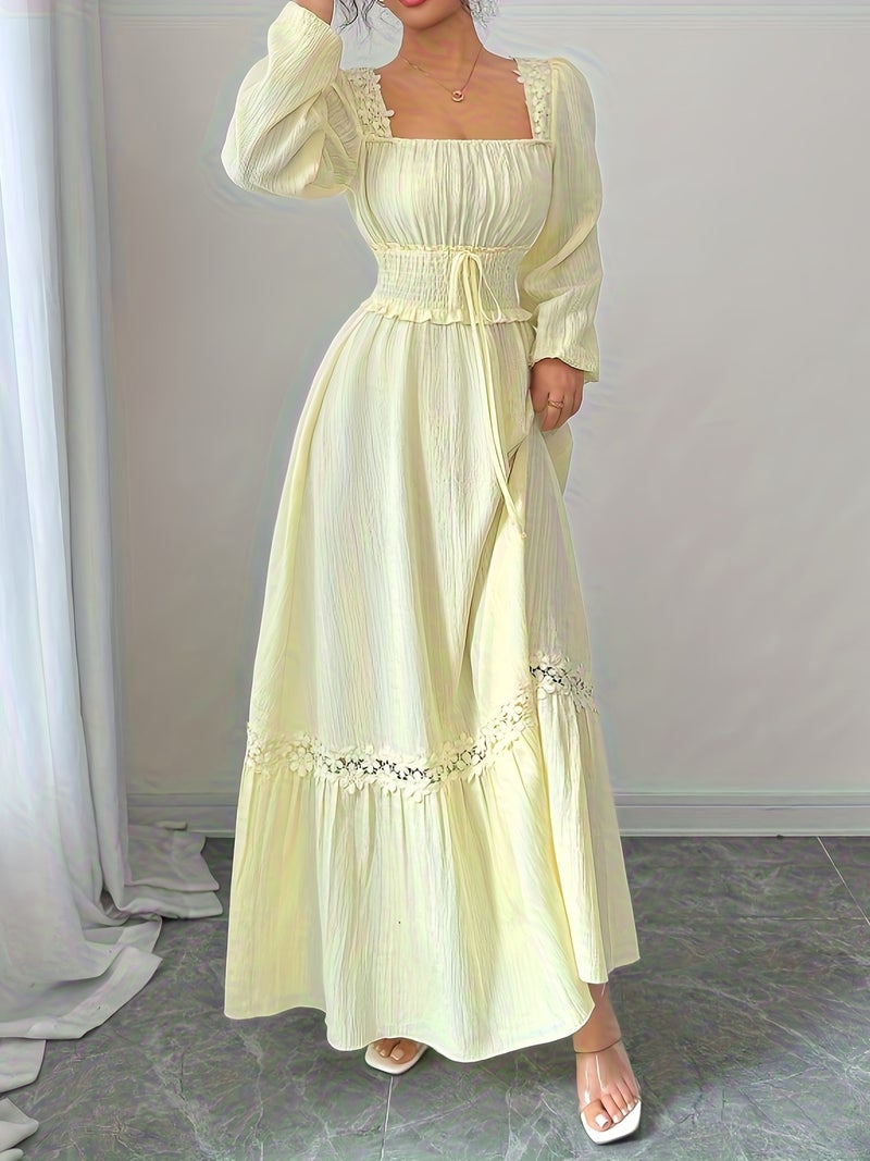 New Spring\u002Fautumn Cream Yellow French Ruffle Square Neckline Elegant Slim-fit Long-sleeved Dress, Women's Autumn - Image 3