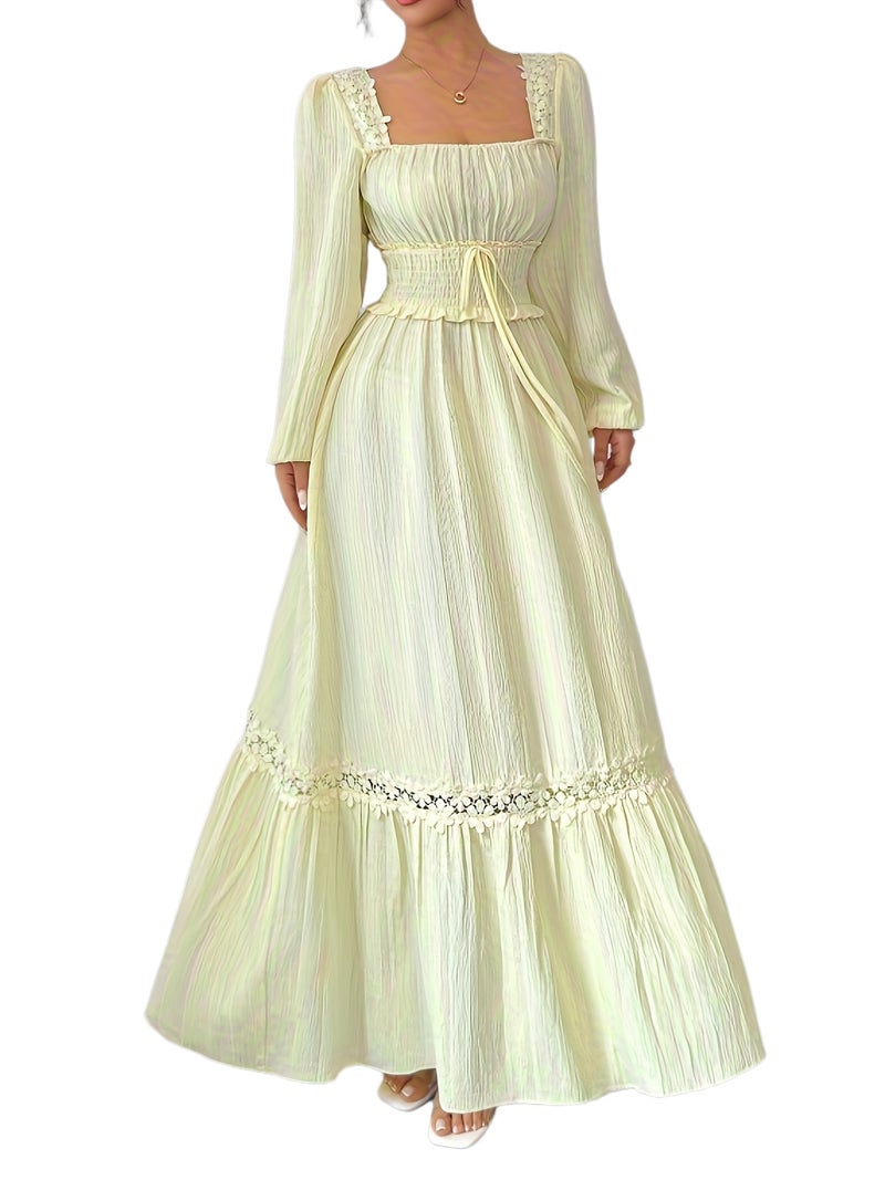 New Spring\u002Fautumn Cream Yellow French Ruffle Square Neckline Elegant Slim-fit Long-sleeved Dress, Women's Autumn - Image 1