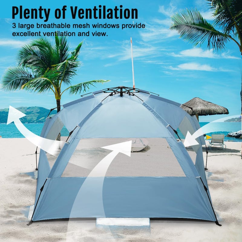 WhiteFang Deluxe XL Pop Up Beach Tent Sun Shade Shelter for 3-4 Person, UV Protection, Extendable Floor with 3 Ventilating Windows Plus Carrying Bag, Stakes, and Guy Lines (Light Blue) - Image 4