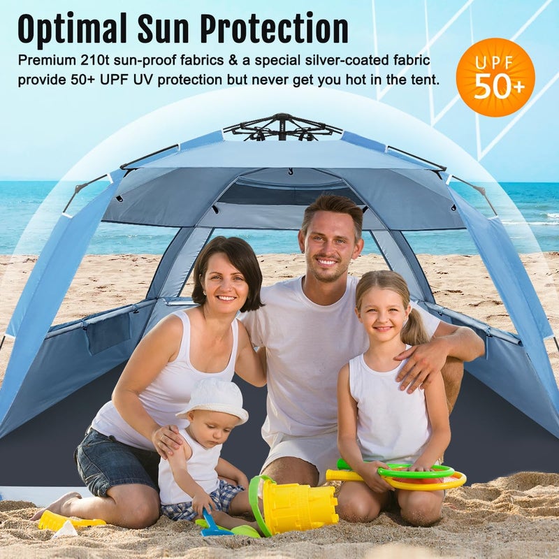WhiteFang Deluxe XL Pop Up Beach Tent Sun Shade Shelter for 3-4 Person, UV Protection, Extendable Floor with 3 Ventilating Windows Plus Carrying Bag, Stakes, and Guy Lines (Light Blue) - Image 3