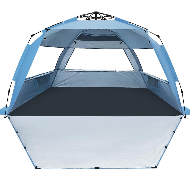 WhiteFang Deluxe XL Pop Up Beach Tent Sun Shade Shelter for 3-4 Person, UV Protection, Extendable Floor with 3 Ventilating Windows Plus Carrying Bag, Stakes, and Guy Lines (Light Blue) - Image 1