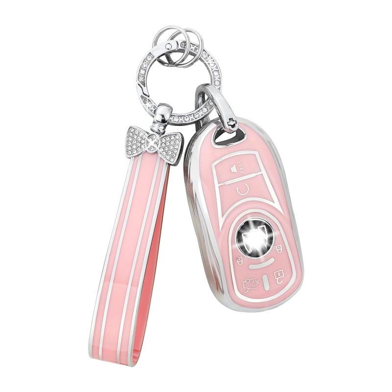 PIFOOG Key Fob Cover for Buick Encore GX Envision Enclave Lacrosse Regal TourX Accessories 6 Button Car Keys Case Shell with Bling Keychain Cute Pink Soft TPU Full Covers Women Girly - Image 1
