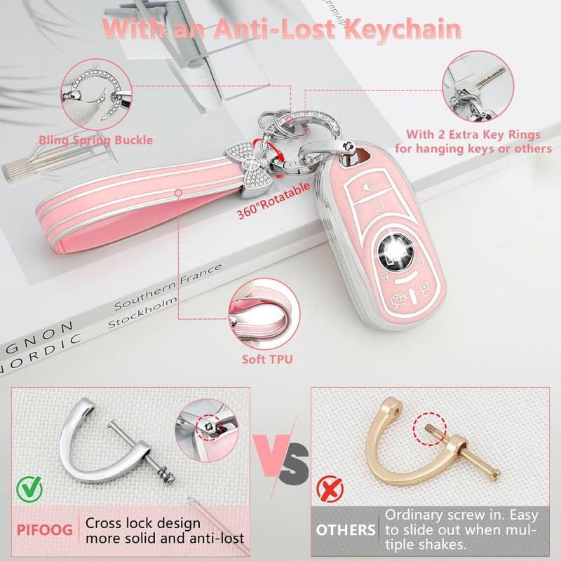 PIFOOG Key Fob Cover for Buick Encore GX Envision Enclave Lacrosse Regal TourX Accessories 6 Button Car Keys Case Shell with Bling Keychain Cute Pink Soft TPU Full Covers Women Girly - Image 3