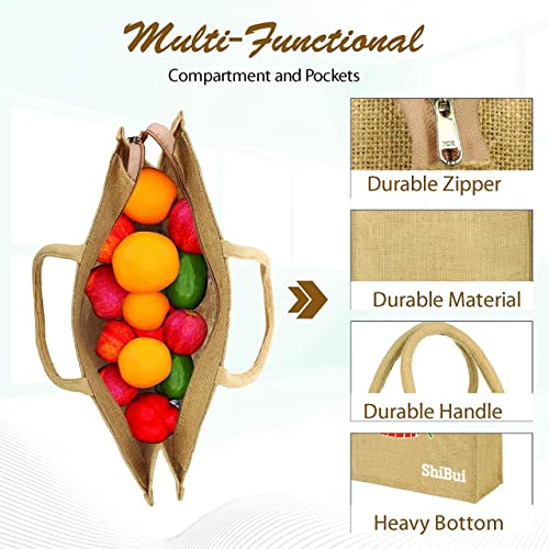 SHIBUI Eco reusable print jute cloth Carry lunch tiffin bag with zip Reinforced Handle for men women, Multicolour (Happy,1) - Image 3