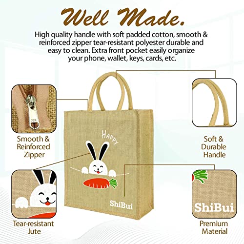SHIBUI Eco reusable print jute cloth Carry lunch tiffin bag with zip Reinforced Handle for men women, Multicolour (Happy,1) - Image 4