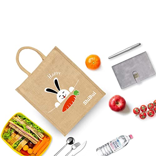 SHIBUI Eco reusable print jute cloth Carry lunch tiffin bag with zip Reinforced Handle for men women, Multicolour (Happy,1) - Image 5