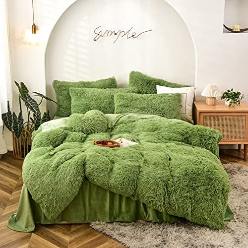 Gusuhome Shaggy Fluffy Duvet Cover Set Queen Size Super Soft Faux Fur Bedding Set 3 Pcs 1Duvet Cover  2Pillowcases Luxurious Plush Comforter Cover Set with Zipper Closure Avocado Green