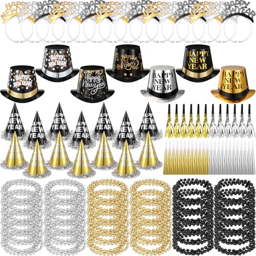 Chitidr 108 Pcs 36 Set Happy New Year Party Kit 2026 New Year Decoration Favors Years Eve Party Supplies for 36 Guest Include Black Gold Sliver Top Hats Tiaras Headbands Bead Necklace Noisemaker - Image 1