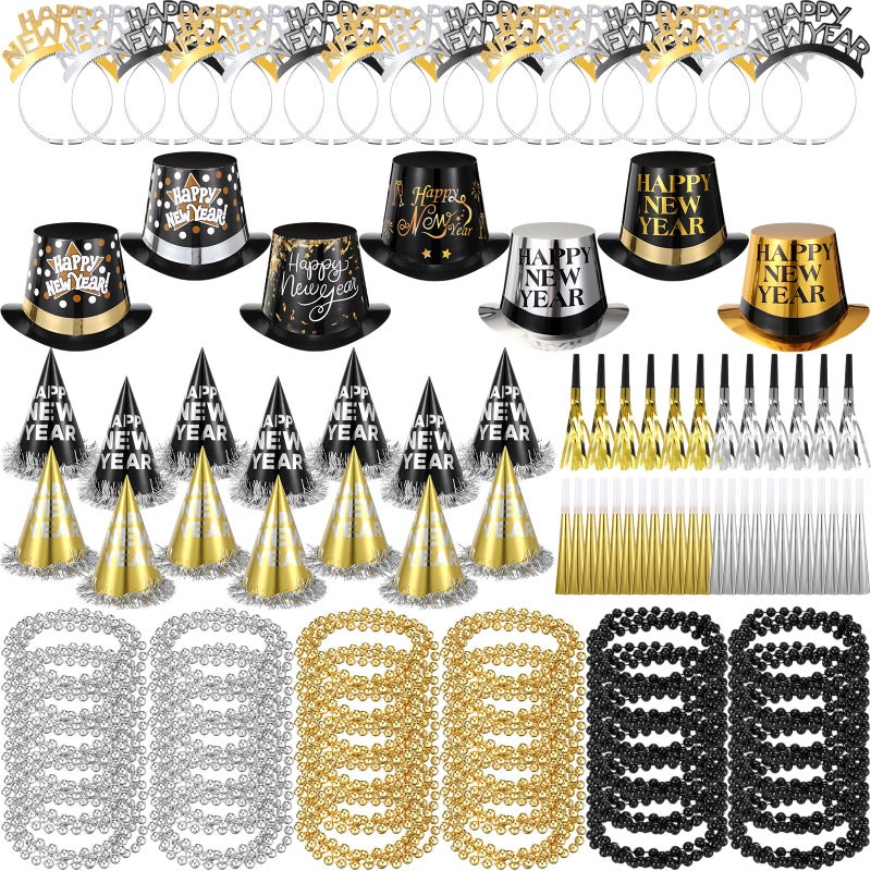 Chitidr 108 Pcs 36 Set Happy New Year Party Kit 2026 New Year Decoration Favors Years Eve Party Supplies for 36 Guest Include Black Gold Sliver Top Hats Tiaras Headbands Bead Necklace Noisemaker - Image 3