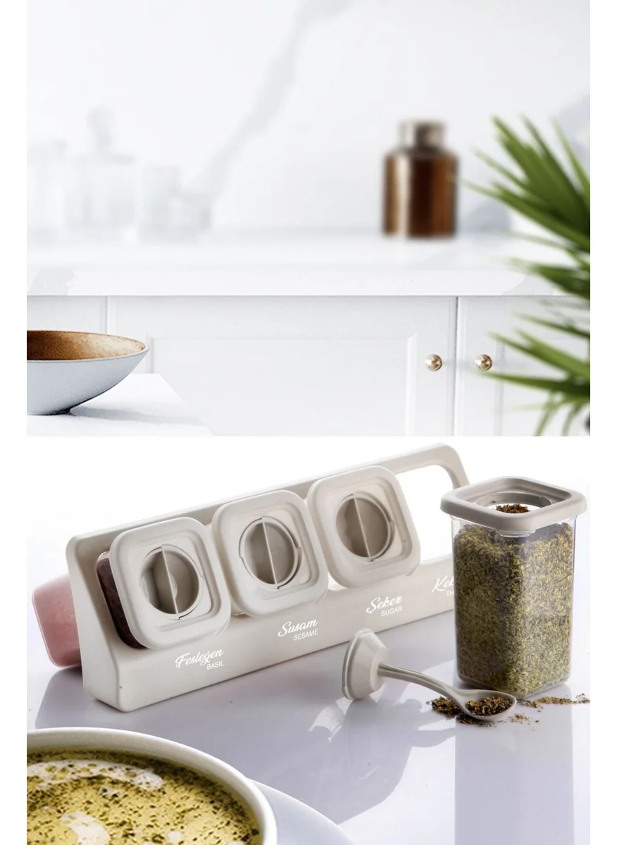 Kitchen Life 4-Piece Labeled Stand Locked Spoon Self-Adhesive Square Spice Jar Set - Food Container Set