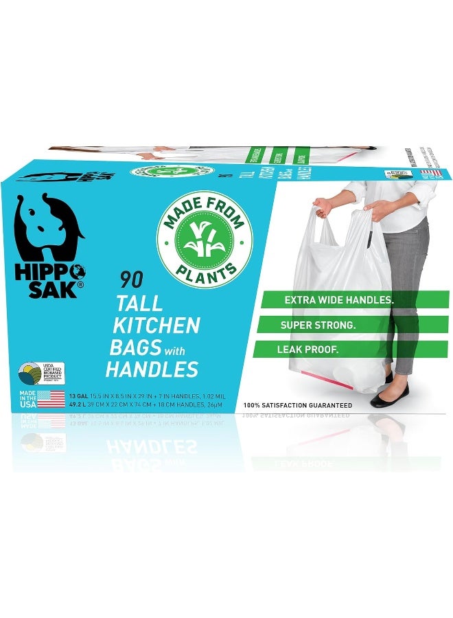 Hippo Sak Hippo Sak - Plant Based Tall Kitchen Garbage Bags with Ergonomic Handles - 13 Gallon Trash Bags - Recyclable & Eco Friendly - Super Strong and Leak Proof Tall Kitchen Trash Bags (90 Count) - Image 1