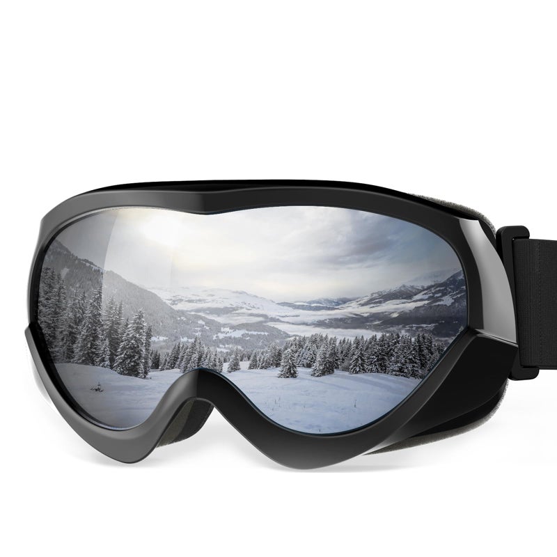 OutdoorMaster Kids Ski Goggles Snow Goggles for Boys  Girls with 100 UV Protection Black Frame  VLT 10 Grey Lens with REVO Silver