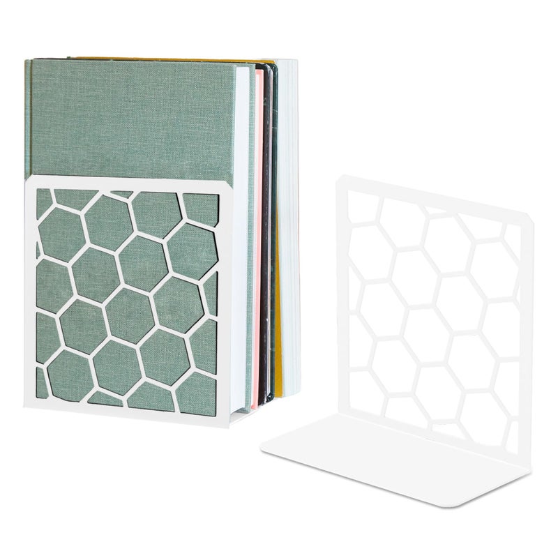 GEOMOD Geometric Honeycomb White Metal Bookends Decorative  Tall Sturdy Book Ends for Shelves  Modern Heavy Duty Bookend Stopper  Office or Home Book Shelf Book Holder  6x325x625 Inches  1 Pair