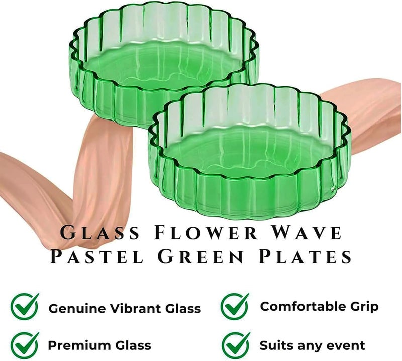 Khen Glass Flower Wave Colored Plates  Set of 2  Vintage Pastel Green Colors 59 Dinner or Dessert  Appetizer Plate Snack Fruit Wavy Serveware  Vintage Art Deco Hand Wash Housewarming gift - Image 2
