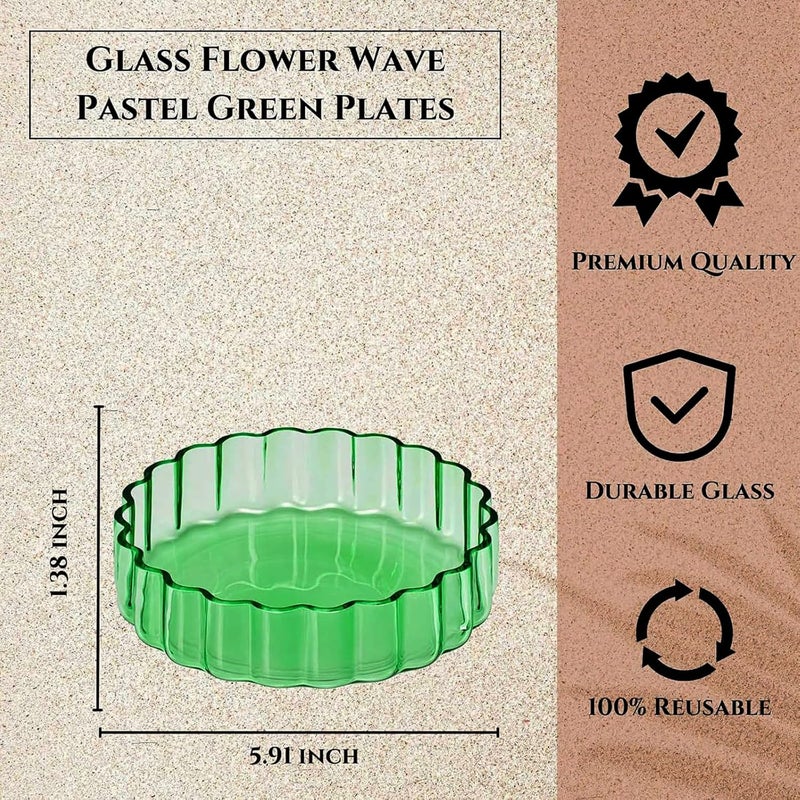 Khen Glass Flower Wave Colored Plates  Set of 2  Vintage Pastel Green Colors 59 Dinner or Dessert  Appetizer Plate Snack Fruit Wavy Serveware  Vintage Art Deco Hand Wash Housewarming gift - Image 3